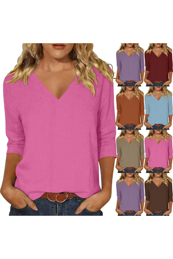 Plus Size 3/4 Sleeve Shirts for Women Lightweight V Neck Blouse Casual Tunic Tops Summer Solid Color Work Tshirts Khaki L