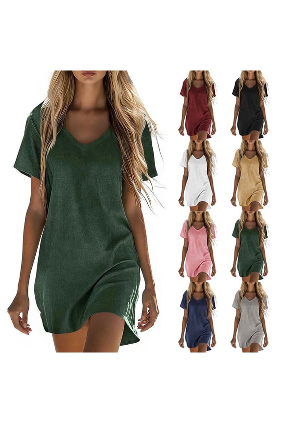 Plus Size Dress for Women Lightweight Linen Sundress V Neck Basic Short Sleeve Skirt Summer Vacation Beach Dresses Green XXXL