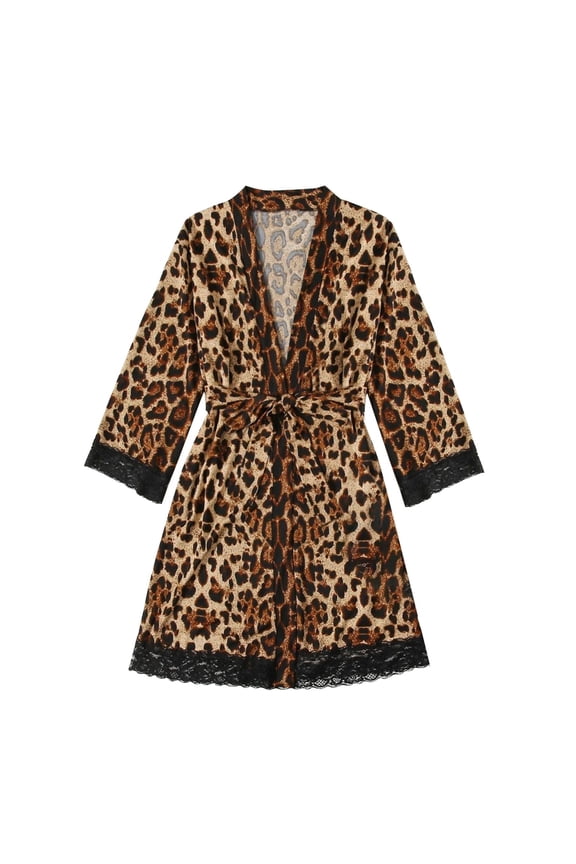 Plus Size Satin Robe for Women Leopard Printed Kimono Robe Smooth Ice Silk Loungewear Loose Fit Lace Nightwear with Belt