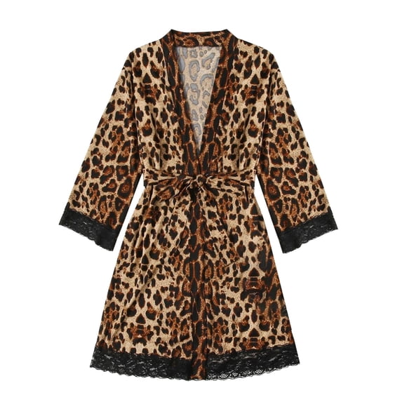 YFNNUP Plus Size Satin Robe for Women Leopard Printed Kimono Robe Smooth Ice Silk Loungewear Loose Fit Lace Nightwear with Belt
