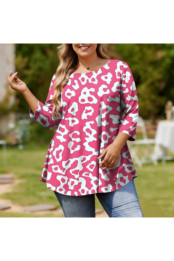 Plus Size Tops for Women Loose Fit 3/4 Sleeve Shirt Print Crewneck Tops Summer Swing Casual Daily Blouses Hot Pink XXXXL