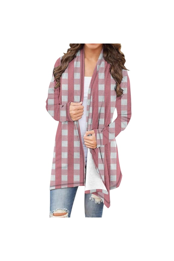 Plus Size Womens Plaid Cardigan Coat Lightweight Open Front Long Sleeve Cardigans Casual Trendy Drape Fall Duster