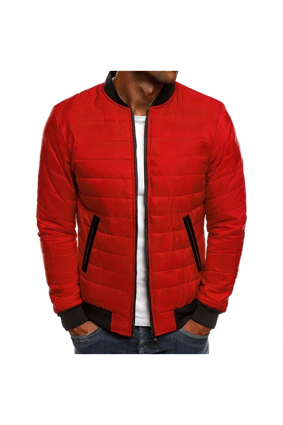 Puffer Jacket for Men Warm Bomber Puffer Coat Full Zip Insulated Jacket with Pockets Casual Solid Long Sleeve Winter Coat Red