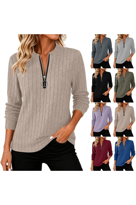 Quarter Zip Ribbed Knit Sweaters Women Round Neck Dressy Casual Pullover Fall Winter Jumper Tops Beige,M