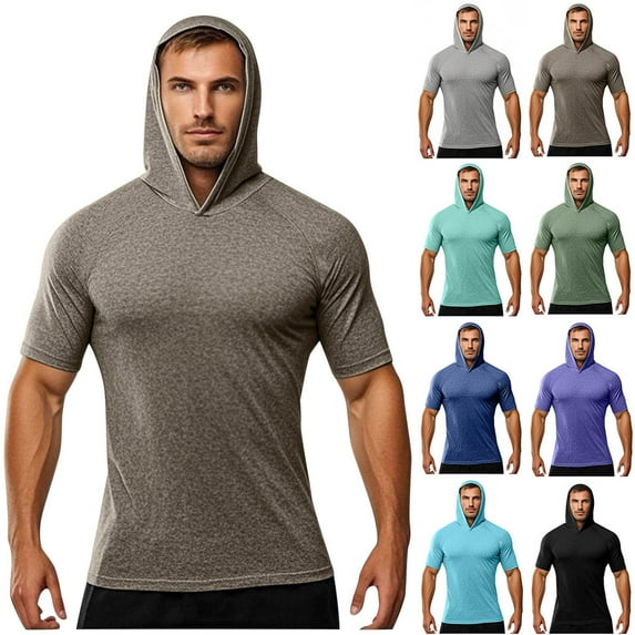 YFNNUP Quick Dry Summer Shirts for Men Sun Protection T Shirts Slim Fit Short Sleeve Hooded Tops Lightweight Stretch Fitness Sports Hoodie Army Green