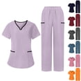 thumbnail image 1 of YFNNUP Scrubs Set for Women Short Sleeve Solid Color Nurse Scrub Sets V Neck Tunic Top and Straight Leg Pant Blue XXL, 1 of 9