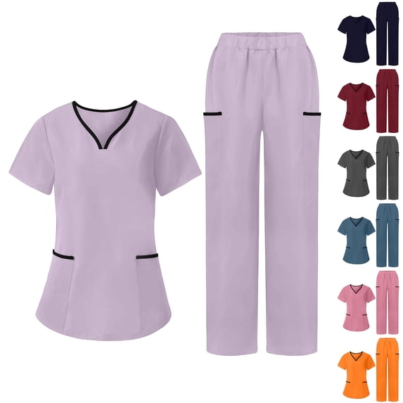 YFNNUP Scrubs Set for Women Short Sleeve Solid Color Nurse Scrub Sets V Neck Tunic Top and Straight Leg Pant Dark Gray XXL