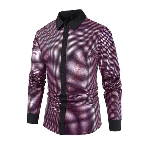 YFNNUP Sequins Shirts for Mens 70s Vintage Party Costume Lightweight Shiny Disco Tshirt Lapel Long Sleeve Shirt