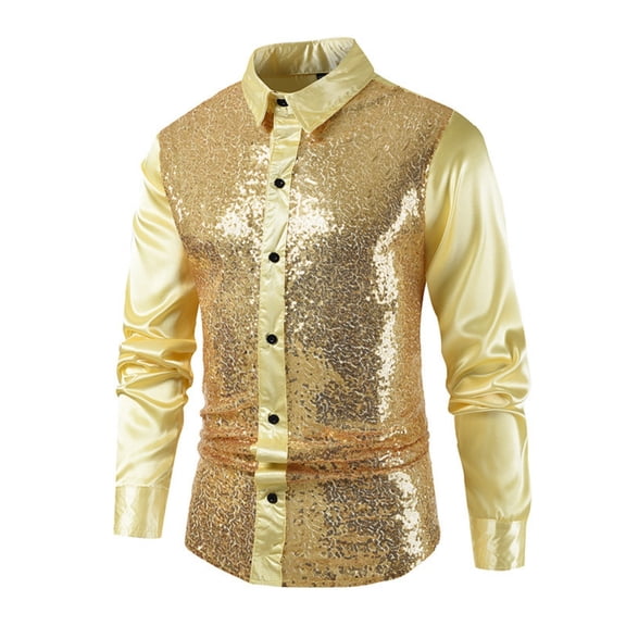 YFNNUP Sequins Shirts for Mens 70s Vintage Party Costume Lightweight Shiny Disco Tshirt Lapel Long Sleeve Shirt