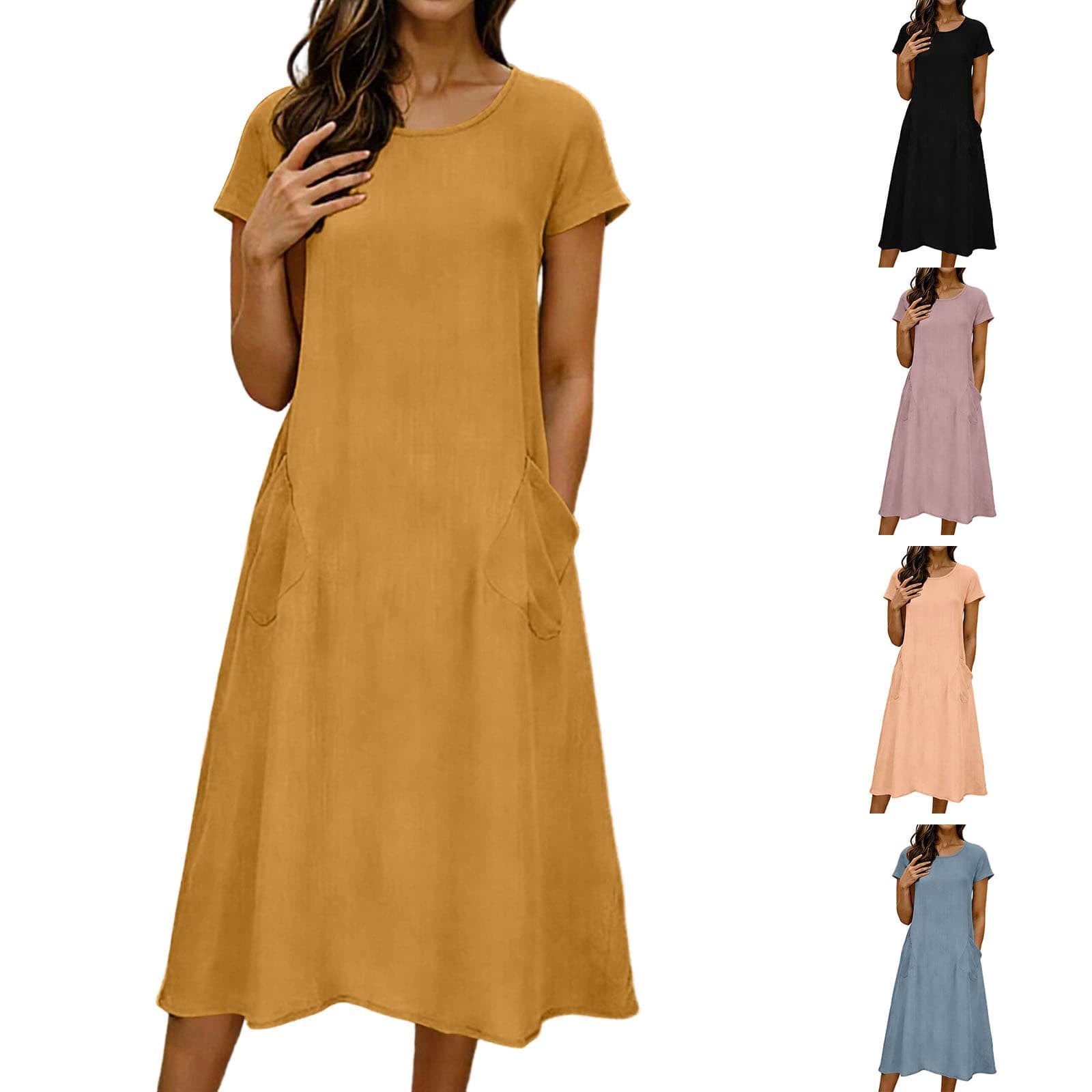 YFNNUP Short Sleeve Cotton Linen Maxi Dress for Women Round Neck Casual Summer Dresses Vintage Flowy Beach Vacation Sundress with Pockets