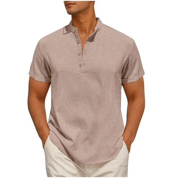 YFNNUP Short Sleeve Henley Shirts for Men Cotton Linen Button Up T Shirt Solid Color Stand-up Collar Dressy Work Tee Tops Camisa De Hombre