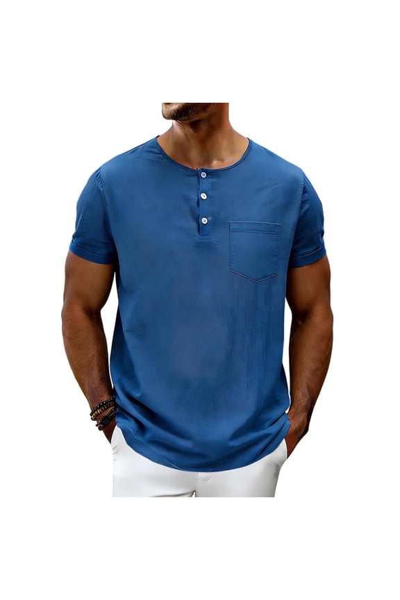 Short Sleeve Henley Shirts for Mens Crewneck Button T-Shirt Classic Fit Cotton Linen Tops Summer Basic Tees Shirt for Men