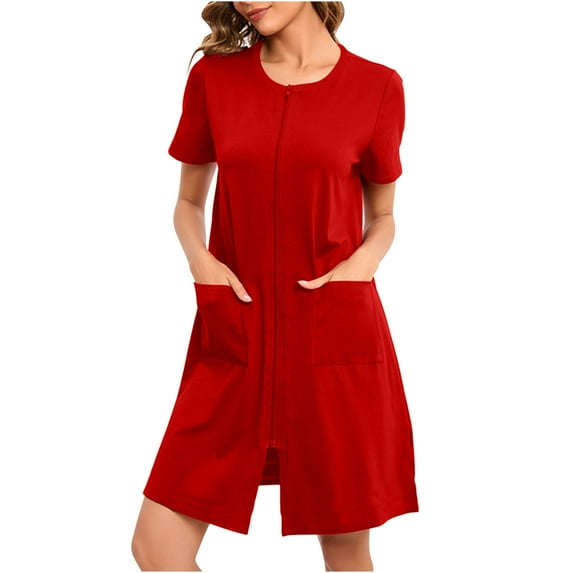 YFNNUP Solid Zip Up Nightdress for Women Casual Crewneck Robes Soft Tunic Sleepwear Basic Lightweight Nightgown with Pockets