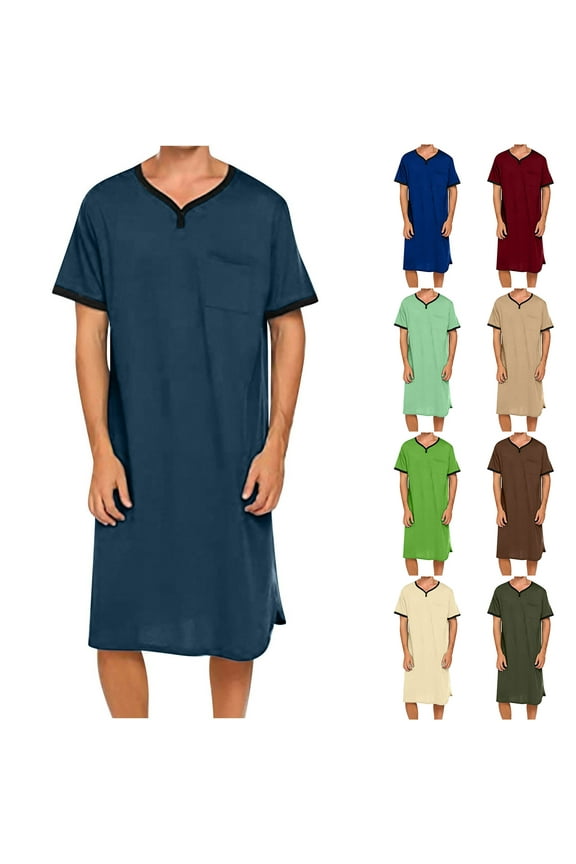 Summer Pajamas for Men Big and Tall Short Sleeve V Neck Long Night Shirts Soft Comfort Cotton Nightgowns Mens Big and Tall Sleepwear Army Green