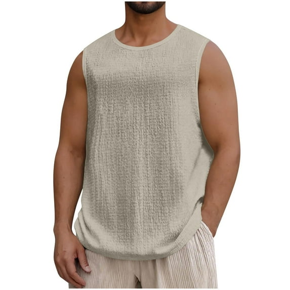 YFNNUP Summer Tank Tops for Men Casual Sleeveless Solid Color Athletic Shirts Textured Loose Fit Round Neck Beach Vacation Top