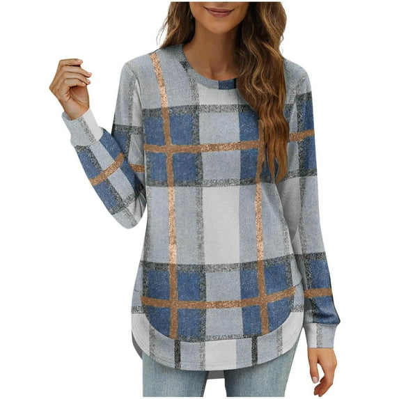 YFNNUP Sweatshirt for Women Plaid Crewneck Long Sleeve Shirts Curved Hem Lightweight Sweaters Spring Clothes 2026