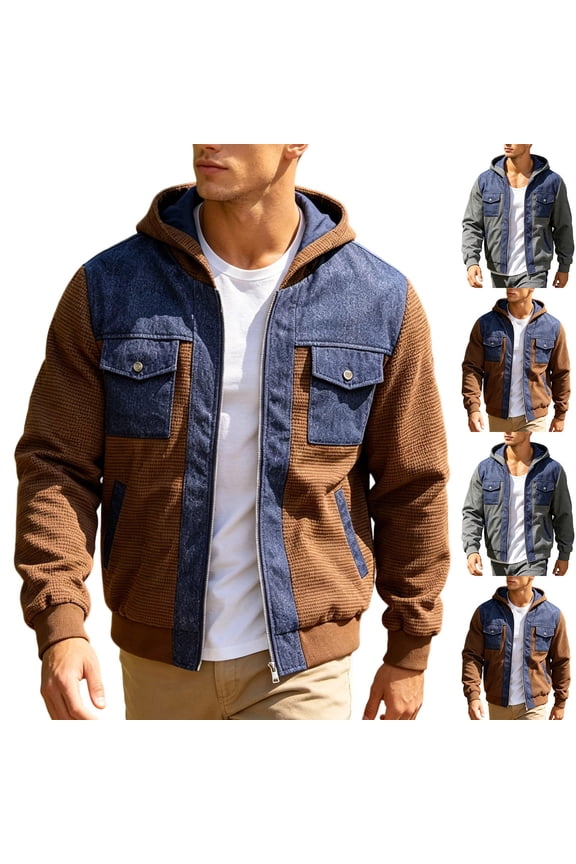 Tactical Jacket for Men Military Color Block Zip up Hooded Jackets with Pockets Cargo Sweatshirts Vintage Hoodies Brown,S