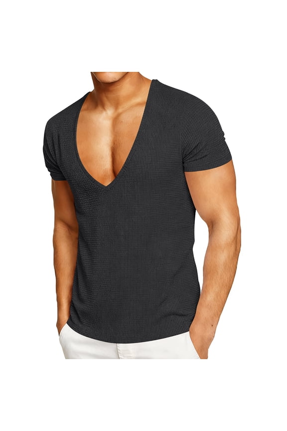 Waffle T-Shirts for Men Deep V Neck Short Sleeve T Shirt Trendy Muscle Gym Tee Summer Workout Bodybuilding Shirts
