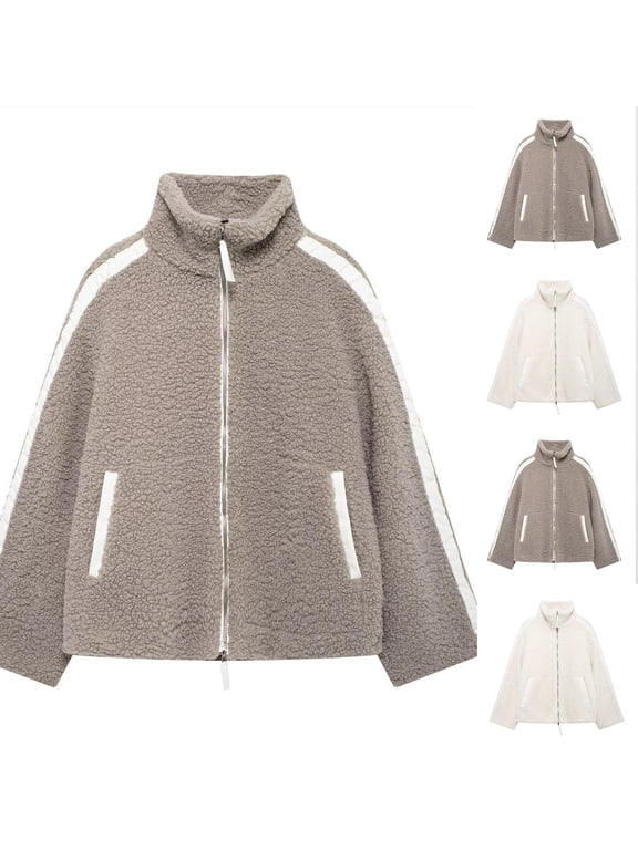 Warm Winter Coats for Women Oversized Sherpa Fleece Zipper Coat Oversized Stand Collar Fuzzy Faux Shearling Jacket White,M