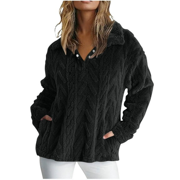 YFNNUP Winter Fleece Jacket for Women Casual V Neck Button Pullover Cozy Warm Sherpa Sweater with Pockets