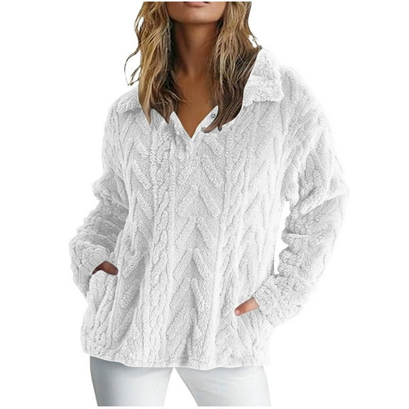 YFNNUP Winter Fleece Jacket for Women Casual V Neck Button Pullover Cozy Warm Sherpa Sweater with Pockets