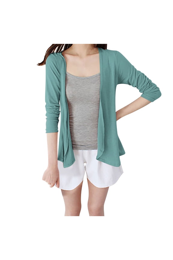 Women 3/4 Sleeves Open Front Cardigan Lightweight Solid Long Sleeve Cardigan Draped Ruffles Knit Cardigan