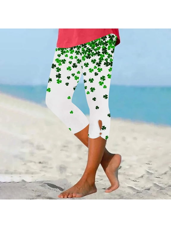 Women Capris Pant Elastic High Waist Yoga Pants Fashion Printed Stretchy Trouser Summer Casual Leggings Workout Compression Capri Pants Green XL