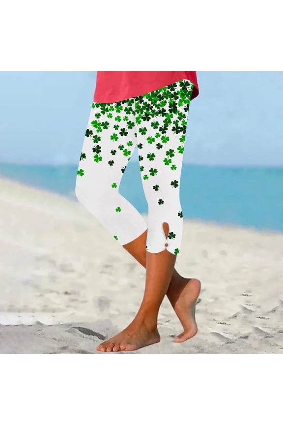 Women Capris Pant Elastic High Waist Yoga Pants Fashion Printed Stretchy Trouser Summer Casual Leggings Workout Compression Capri Pants Green M