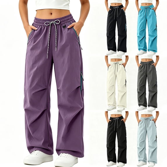 YFNNUP Women Cargo Pants Quick-Dry Parachute Hiking Pants Lightweight Baggy Pants Casual Outdoor Travel Trouser with Zipper Pockets Purple M