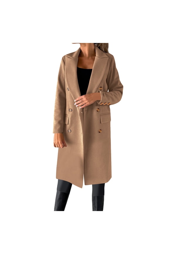 Women Casual Double Breasted Long Pea Coat Winter Notched Lapel Fleece Jacket Trendy Button Plush Overcoat
