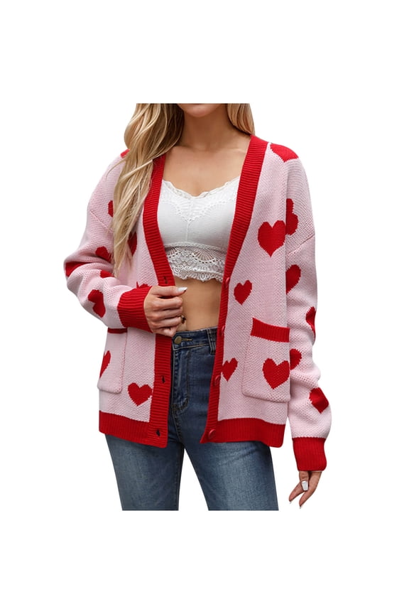 Women Fall Cardigans Cute Heart Oversized Cardigan Open Front Button Down Love Print Knit Sweater Y2k Kawaii Clothes