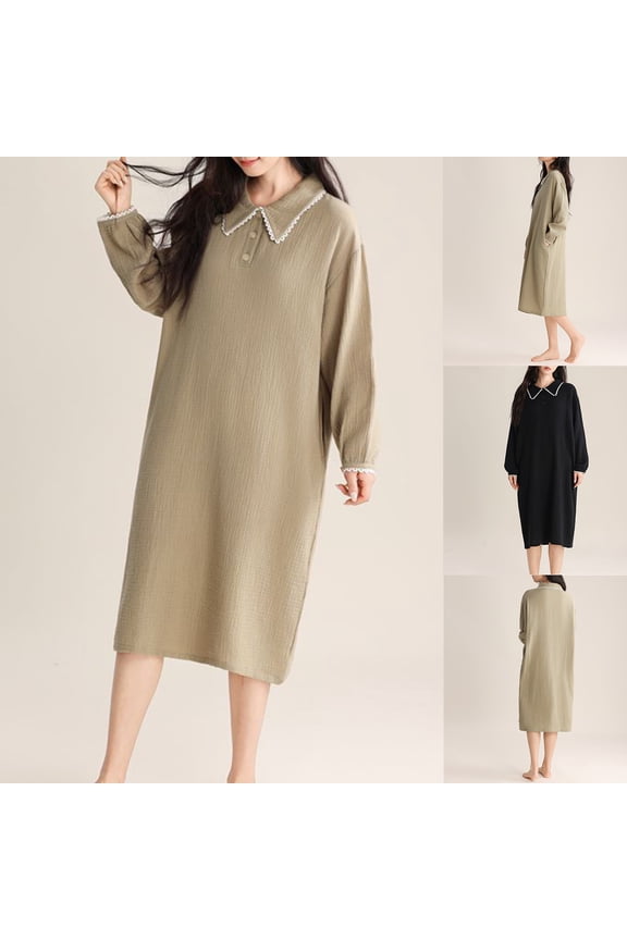Women Nightgown Soft Long Sleeve Sleepwear Lightweight Lapel Nightdress Loose Fit Button House Dress Green L