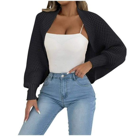 YFNNUP Women Open Front Ribbed Knit Crop Bolero Drop Shoulder Long Sleeve Solid Shrug Knit Top Loose Fit Knitted Cardigan
