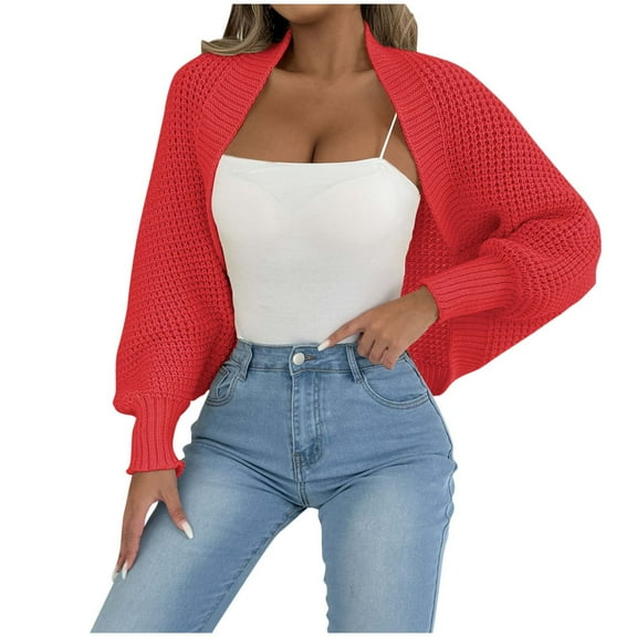 YFNNUP Women Open Front Ribbed Knit Crop Bolero Drop Shoulder Long Sleeve Solid Shrug Knit Top Loose Fit Knitted Cardigan