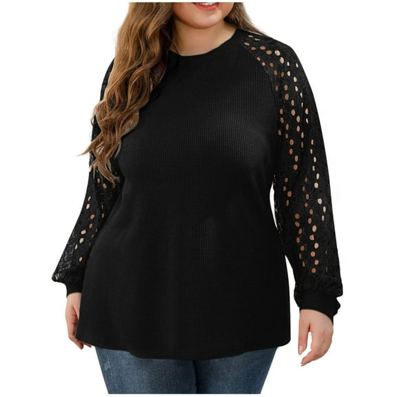 YFNNUP Women Plus Size Waffle Tops Trendy Hollow Out Long Sleeve Tshirt Casual Tunic Tops Work Going Out Spring Blouses