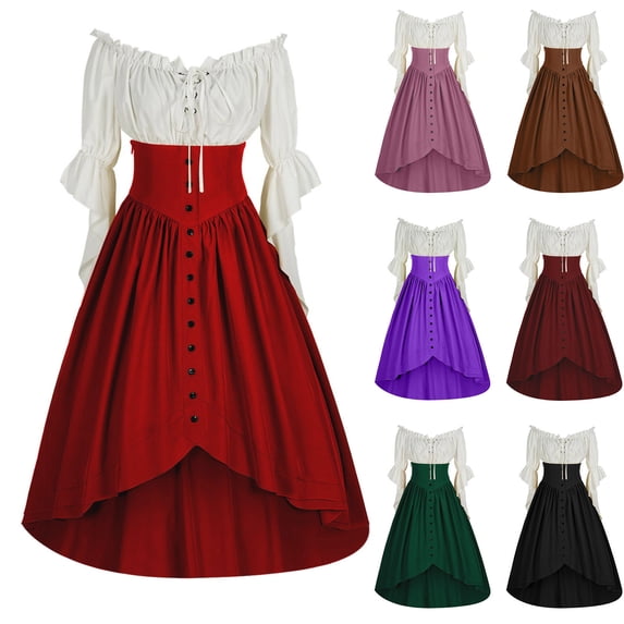 YFNNUP Women Renaissance Costume Medieval High Waisted Corset Dress Button Lace Up Dresses Halloween Party Costumes Red M