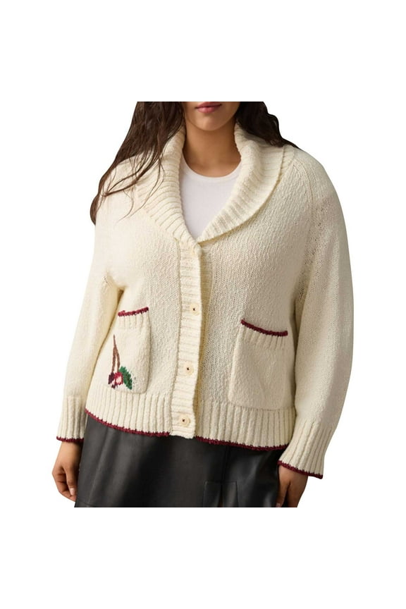 Women Shawl Collar Cardigan Sweater Cute Graphic Print Sweaters Long Sleeve Button Down Jumper Tops Vintage Chunky Knit Coat