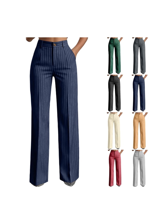 Women Straight Leg Dress Pants High Waisted Business Lounge Pant Comfy Lightweight Trouser Casual Office Work Trousers Navy L