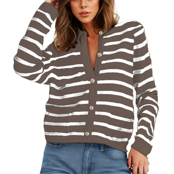 YFNNUP Women Striped Cardigan Sweaters Button Down Cropped Knit Jackets Coat 2025 Fall Crewneck Sweater Trendy Clothes