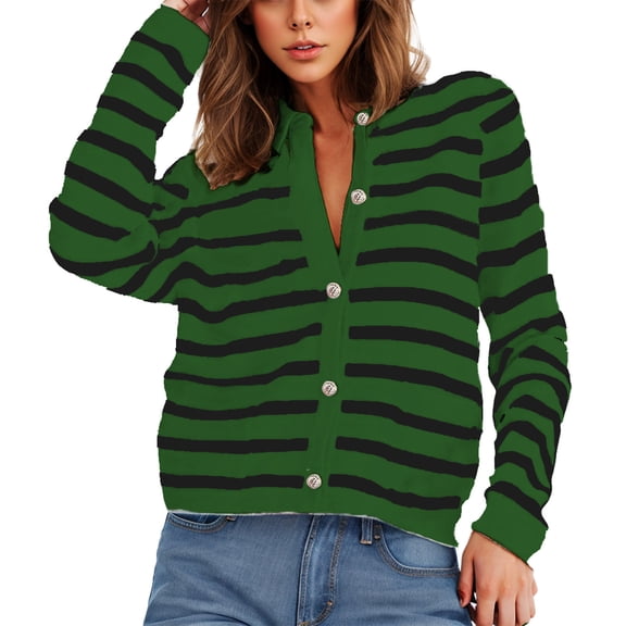 YFNNUP Women Striped Cardigan Sweaters Button Down Cropped Knit Jackets Coat 2025 Fall Crewneck Sweater Trendy Clothes