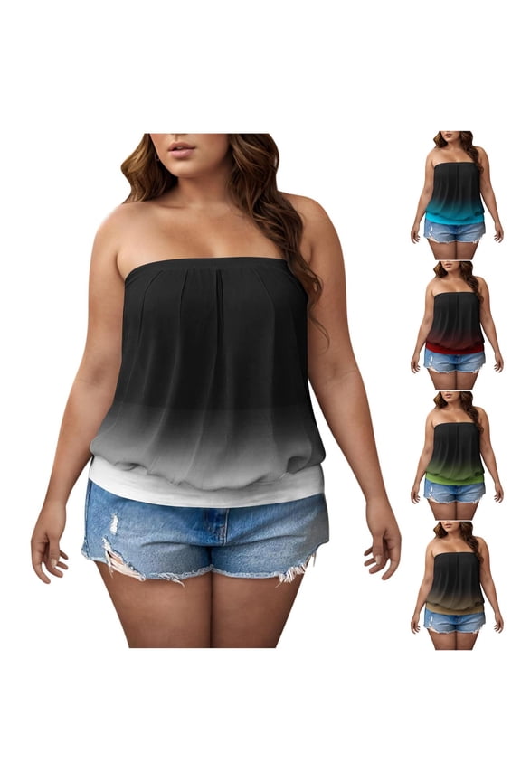 Women Summer Tie Dye Tube Tops Plus Size Casual Bandeau Tank Off The Shoulder Beach Holidy Blouses