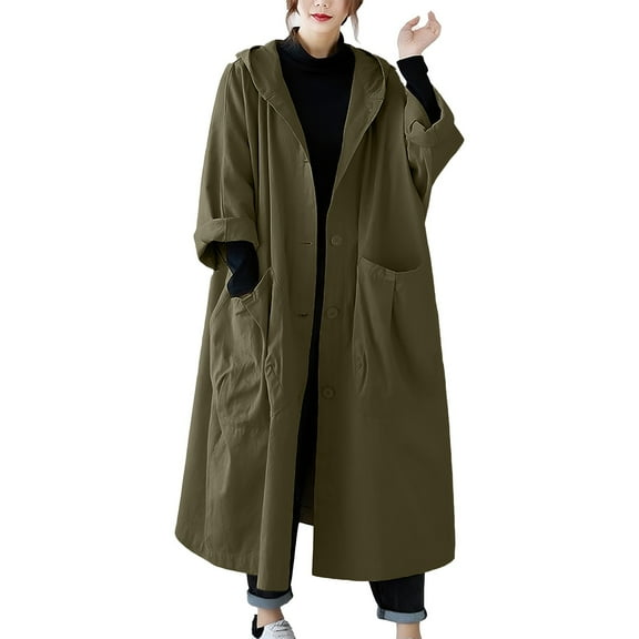YFNNUP Women Trench Coats Loose Fit Batwing Sleeve Single Breasted Windbreaker Hooded Long Outwear Big Pocket Fall Coat