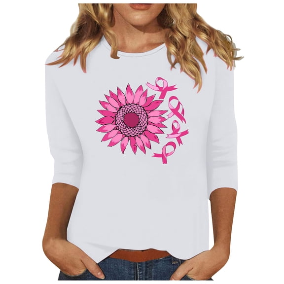 YFNNUP Women's Casual 3/4 Sleeve Shirt Breast Cancer Shirts Pink Ribbon Printed Tee Shirts Soft Lightweight Shirt