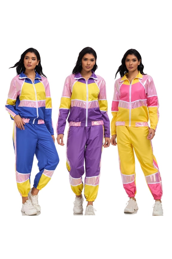 Women's Color Block 80s 90s Retro Tracksuit Set 2 Piece Zip Up Jacket Jogger Pants Costume Track Suits Set Blue,S