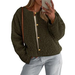 YFNNUP Women's Fleece Sherpa Cropped Jackets Buttons Warm Winter Coats Faux Fur Shearling Outerwear Green,S
