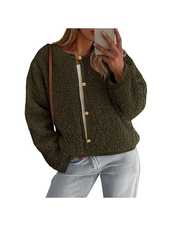Women's Fleece Sherpa Cropped Jackets Buttons Warm Winter Coats Faux Fur Shearling Outerwear Green,S