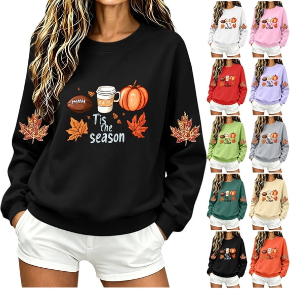 YFNNUP Women's Halloween Sweatshirts Tis The Season Pumpkin Football Graphic Pullover Tops Fall Crewneck Long Sleeve Shirts Purple,XXL