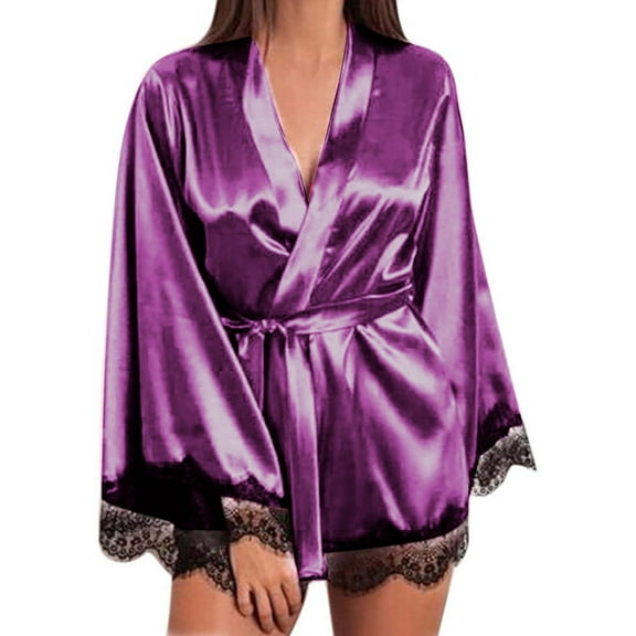 YFNNUP Women's Kimono Satin Robe Sexy Lace Sleeve Robe Soft Ice Silk Satin Robe Loose Lightweight Loungewear with Blet