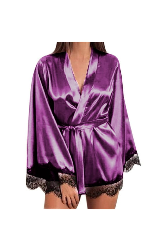 Women's Kimono Satin Robe Sexy Lace Sleeve Robe Soft Ice Silk Satin Robe Loose Lightweight Loungewear with Blet