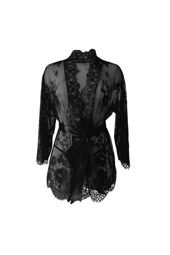 Women's Lace Kimono Robe Sexy Mesh Nightgown 2pc 3/4 Sleeve Lingerie Comfy Belt Nightwear S-3XL